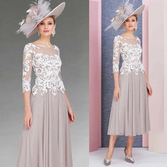 Tea Length Mother Of The Bride Dresses A-line 3/4 Sleeves Chiffon Appliques Lace Short Groom Mother Dresses For Wedding