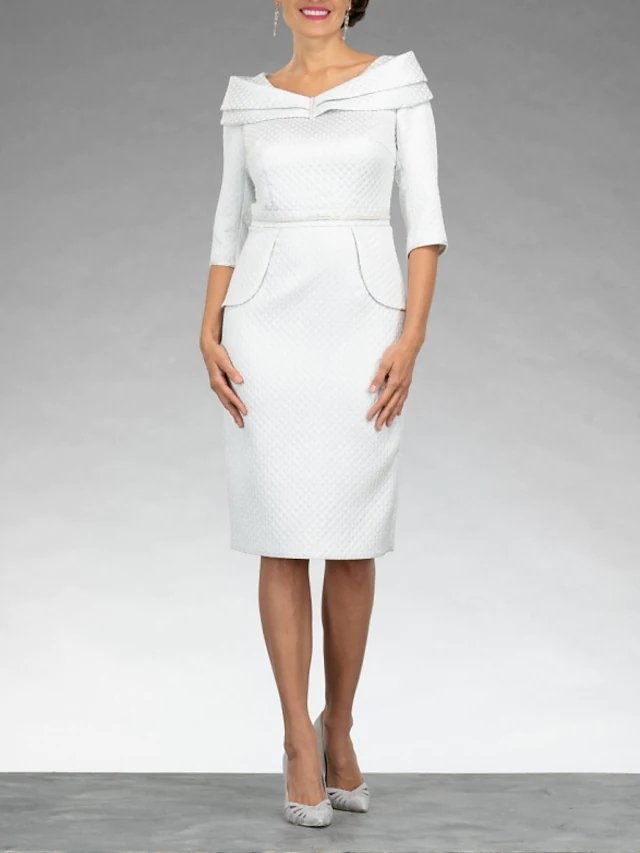 Sheath / Column Mother of the Bride Dress Elegant V Neck Knee Length Stretch Fabric Half Sleeve with Sash / Ribbon