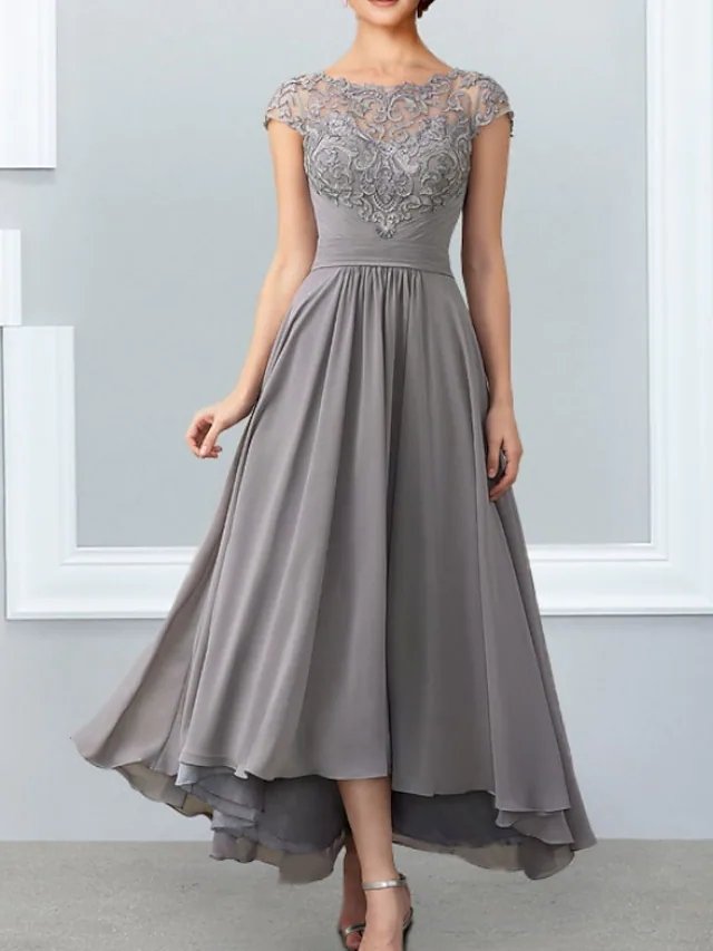 A-Line Mother of the Bride Dress Elegant Jewel Neck Ankle Length Chiffon Lace Sleeveless with Lace Appliques