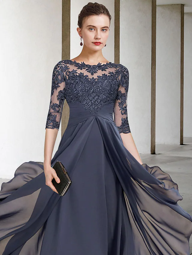 A-Line Mother of the Bride Dress Plus Size Elegant High Low Jewel Neck Asymmetrical Tea Length Chiffon Lace