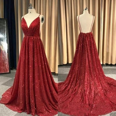 Burgundy Robe De Soiree A-line V-neck Sequins Sparkle Crystals Backless Sexy Long Prom Dresses Prom Gown Evening Dresses