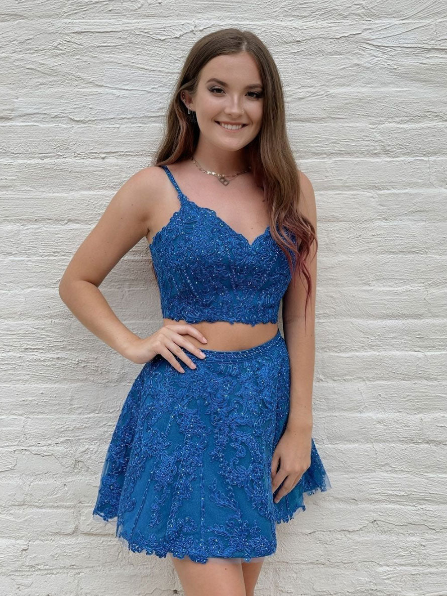 Blue two pieces lace short prom dress, blue lace homecoming dress