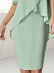 Sheath / Column Mother of the Bride Dress Elegant Jewel Neck Knee Length Chiffon Half Sleeve with Beading Ruching