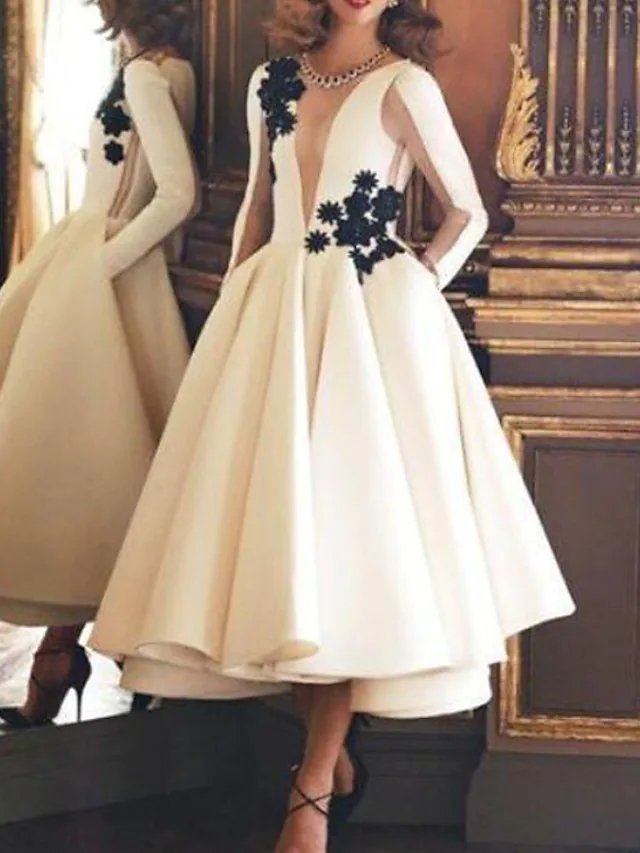 Ball Gown Luxurious Vintage Engagement Prom Dress Illusion Neck Long Sleeve Ankle Length Satin with Appliques