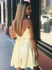 Simple yellow v neck satin short prom dress, yellow homecoming dress