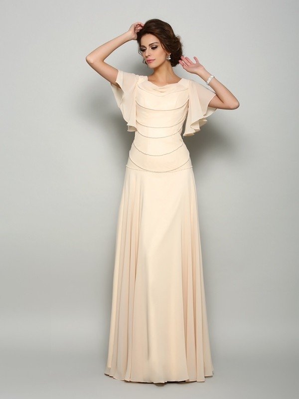 A-Line/Princess Square Beading Short Sleeves Long Chiffon Mother of the Bride Dresses