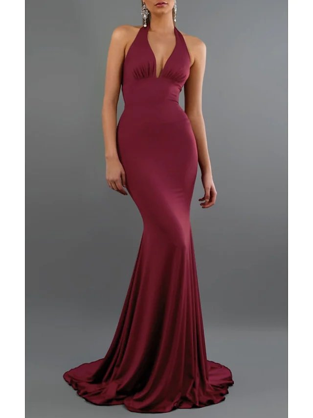 Mermaid / Trumpet Beautiful Back Sexy Wedding Guest Formal Evening Dress Halter Neck Sleeveless Sweep / Brush Train Spandex with Bow(s)