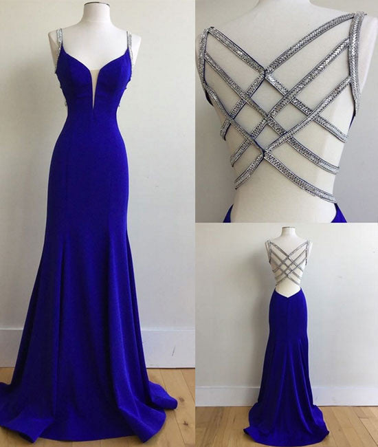 Blue v neck sequin long prom dress, unique blue evening dress