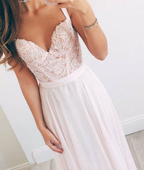 Pink Sweetheart A-line chiffon lace long prom dress, formal dress