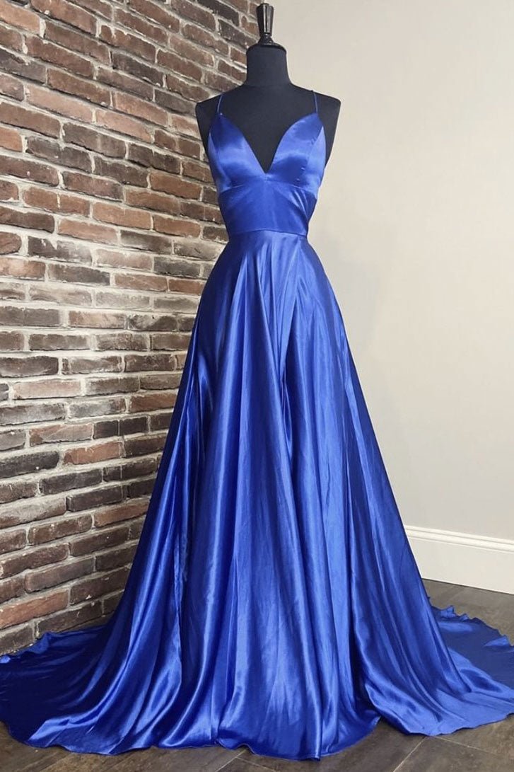 Simple blue v neck satin long prom dress blue evening dress