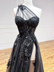 A-Line Black Tulle Lace Long Prom Dress, Black Formal Graduation Dress
