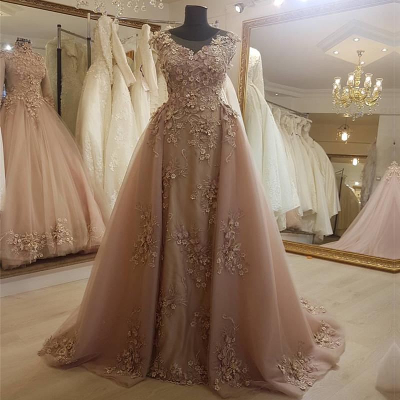 Long Champagne Lace Mermaid Evening Gowns 2019 Elegant