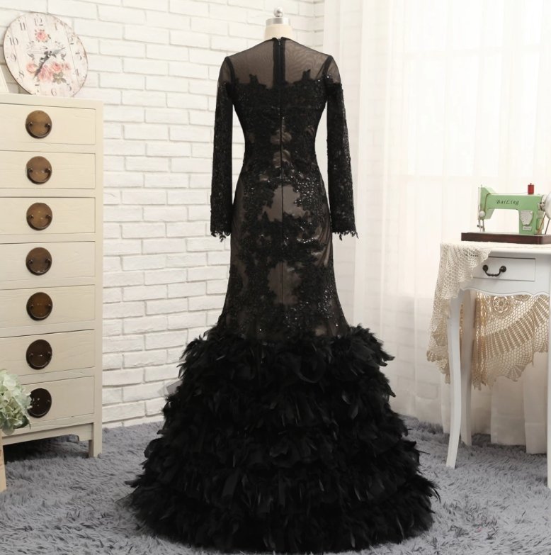 Black Robe De Soiree Mermaid Long Sleeves Appliques Feather See Through Sexy Long Prom Dresses Prom Gown Evening Dress