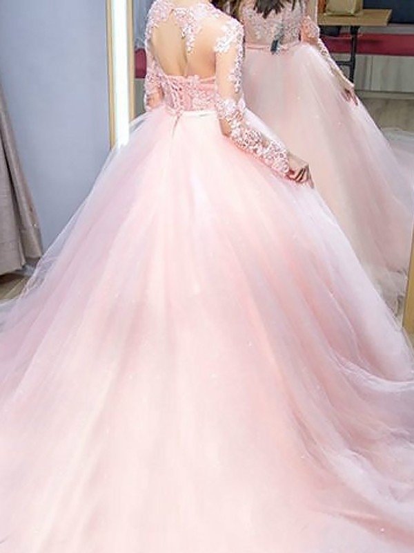 Ball Gown Jewel Long Sleeves Sweep/Brush Train Lace Tulle Dresses