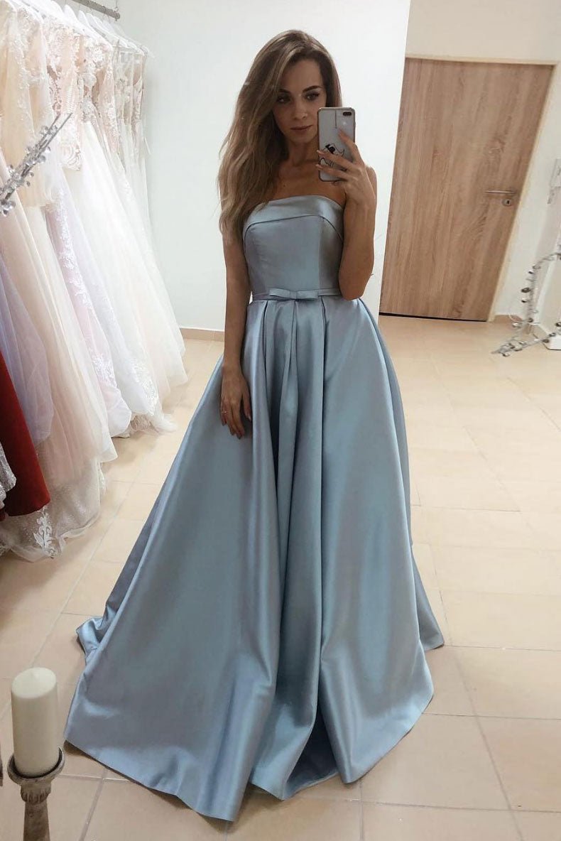 Simple blue satin long prom dress blue satin long evening dress