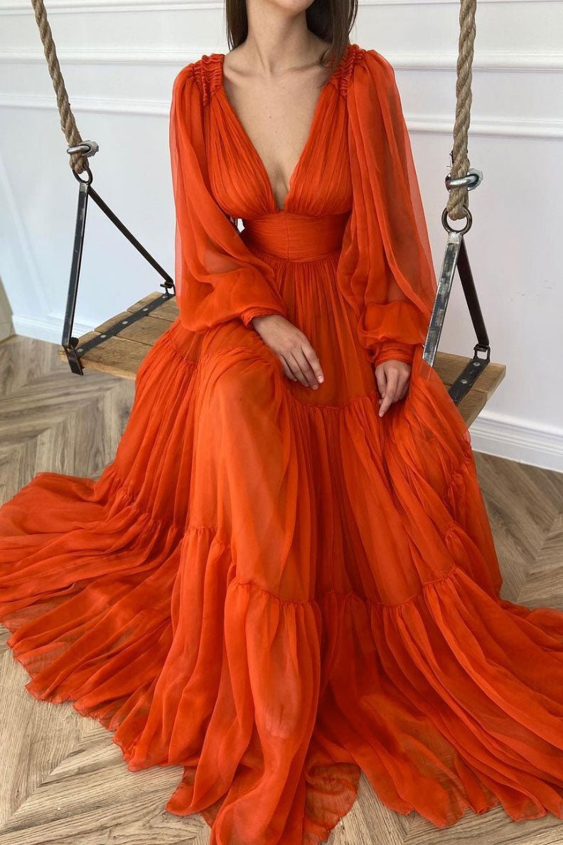 Orange v neck chiffon long prom dress orange evening dress
