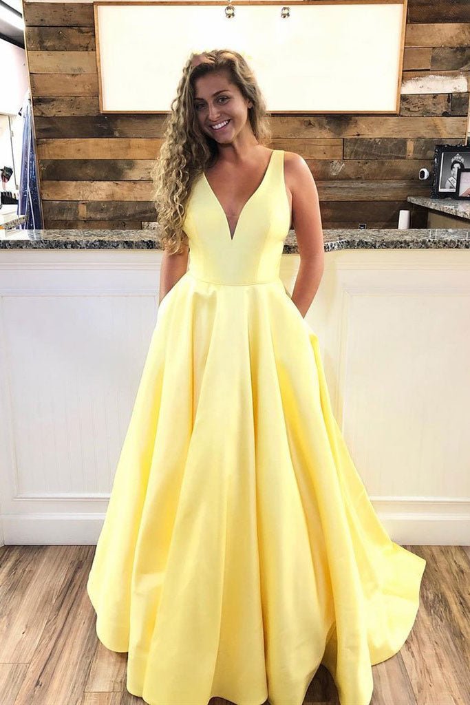 Simple v neck yellow satin long prom dress yellow evening dress