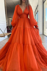Orange v neck chiffon long prom dress orange evening dress