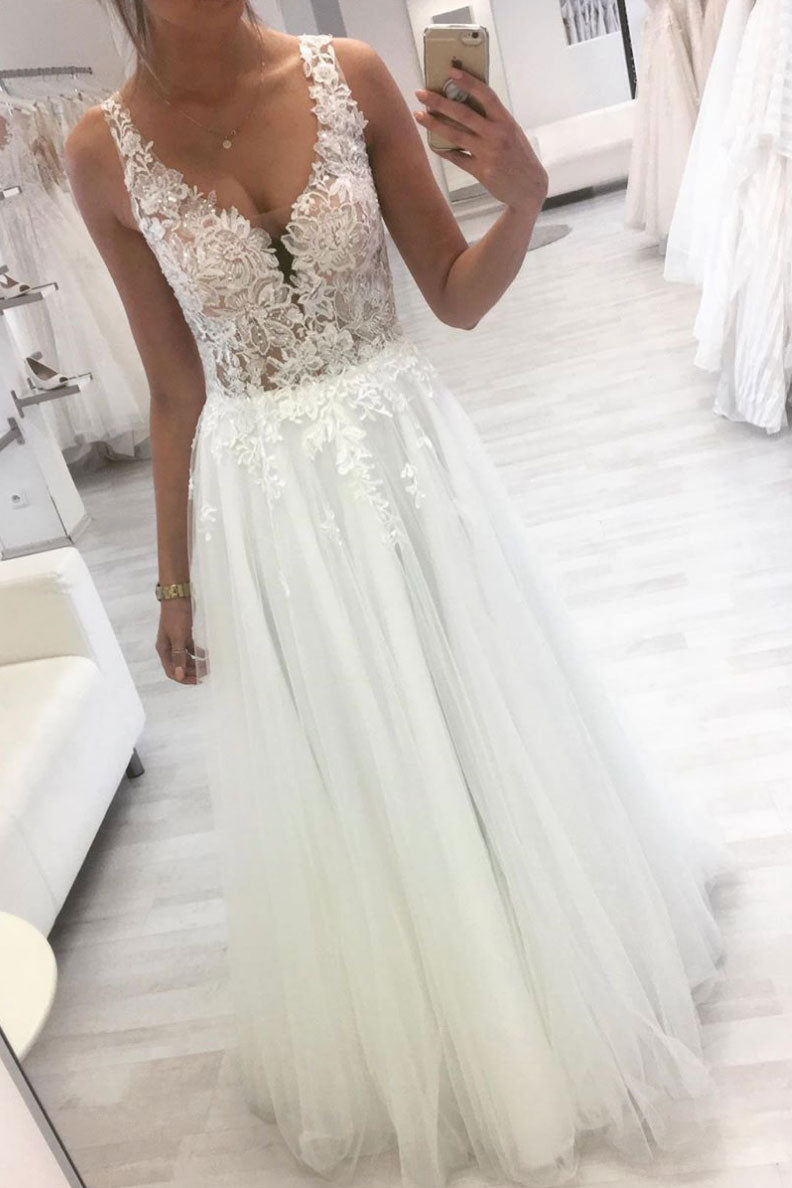 White v neck tulle lace long prom dress tulle lace formal dress