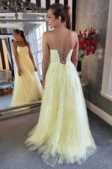 Yellow tulle lace long prom dress yellow formal dress