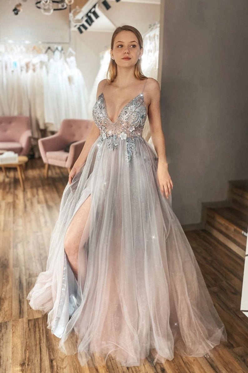 Unique v neck tulle lace beads long prom dress tulle formal dress