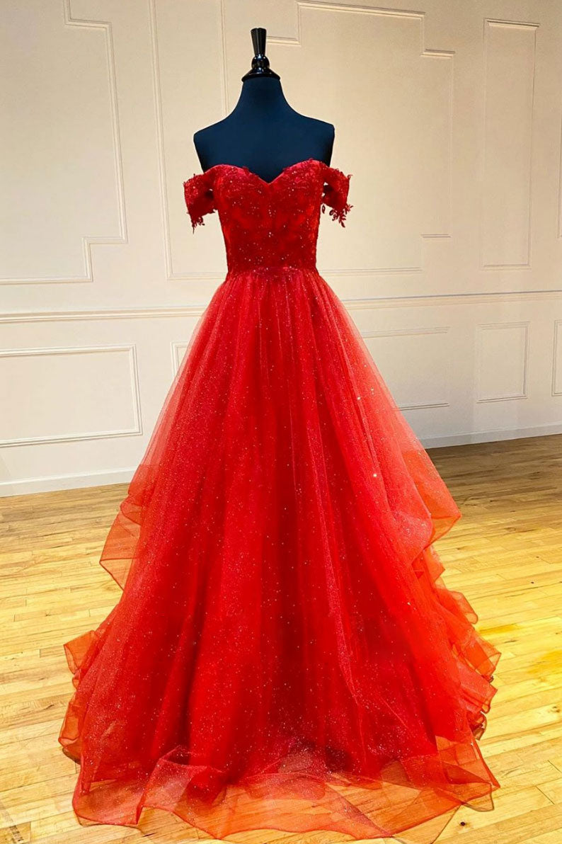 Red sweetheart off shoulder tulle long prom dress tulle formal dress