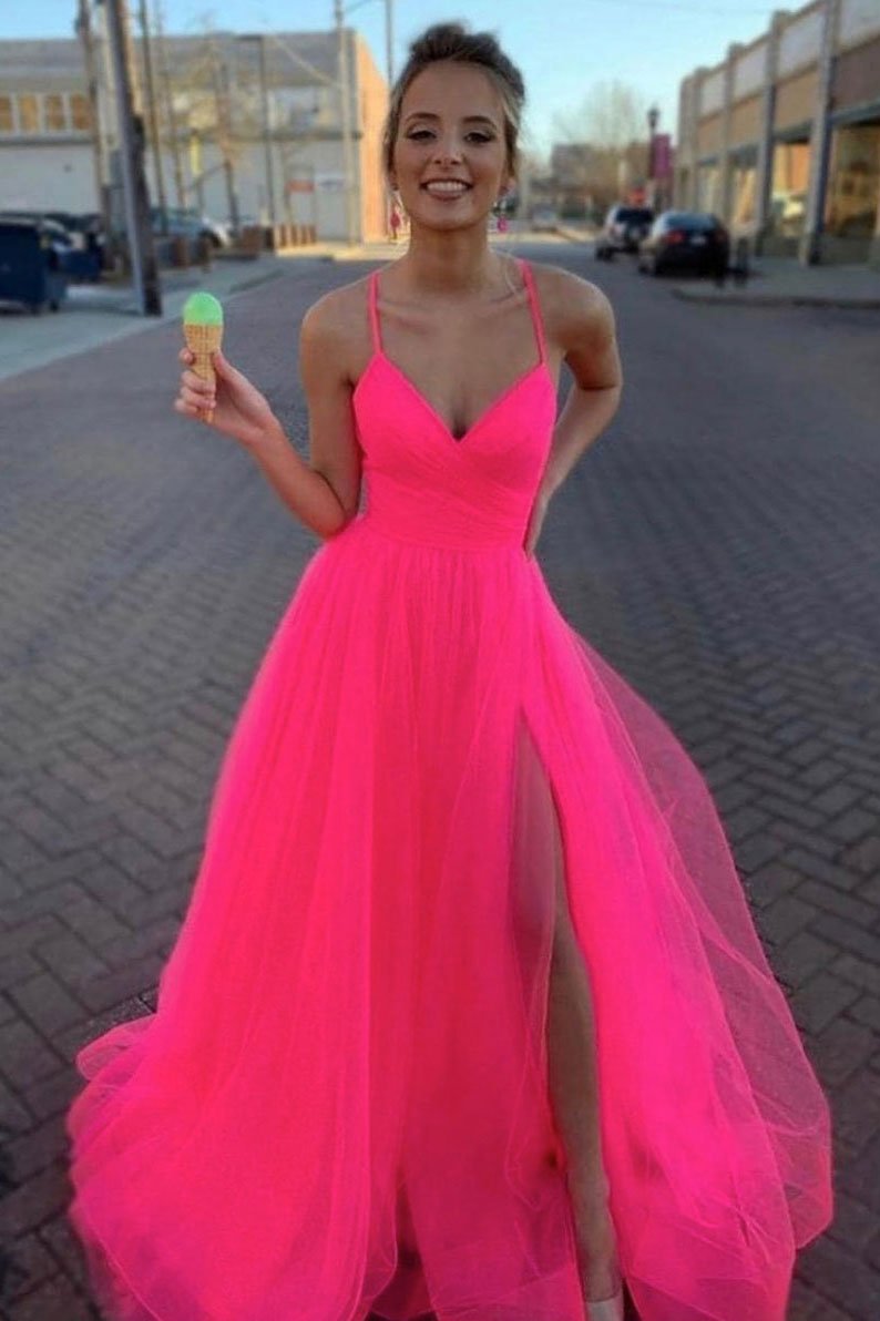 Simple pink v neck tulle long prom dress pink tulle evening dress