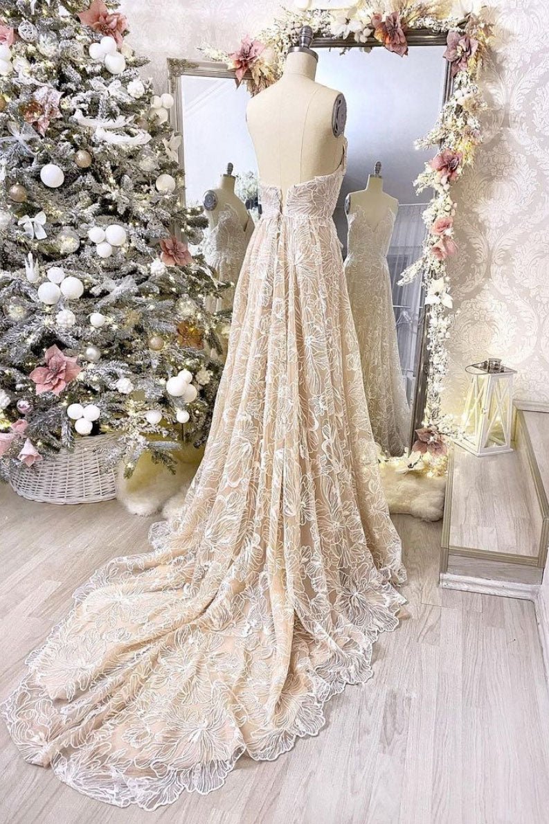 Champagne v neck lace long prom dress champagne evening dress