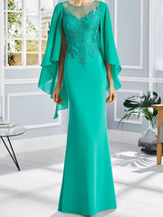 Sheath / Column Mother of the Bride Dress Elegant Jewel Neck Floor Length Chiffon Lace Short Sleeve with Appliques
