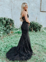 Black tulle lace mermaid long prom dress, black tulle lace evening dress