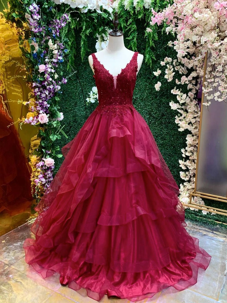 Burgundy v neck tulle lace long prom dress, burgundy evening dress