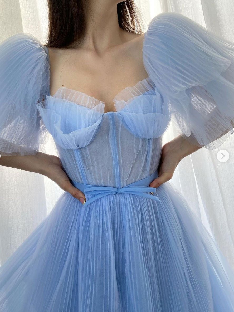 Blue A-line tulle long prom dress, blue tulle formal dress
