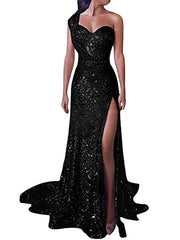 Mermaid / Trumpet Sparkle Sexy Engagement Formal Evening Dress One Shoulder Sleeveless Court Train Sequined with Sequin Split