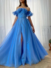 A-Line Elegant Sexy Engagement Prom Dress Off Shoulder Sleeveless Floor Length Organza with Pleats Split