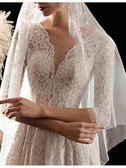 A-Line Wedding Dresses V Neck Sweep / Brush Train Lace 3/4 Length Sleeve Formal Romantic Vintage with Pleats
