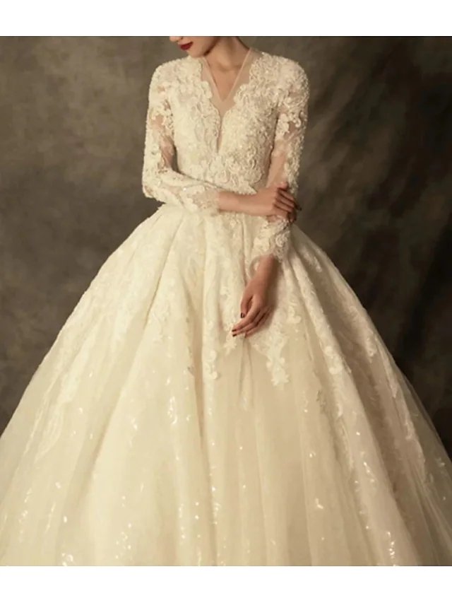 A-Line Wedding Dresses Jewel Neck Sweep / Brush Train Lace Tulle Long Sleeve Vintage Luxurious with Appliques