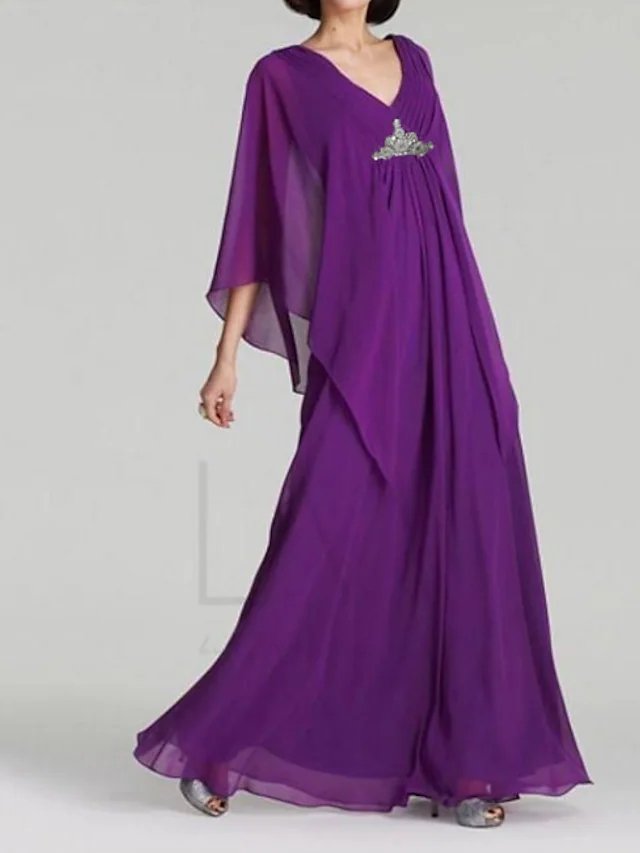 A-Line Mother of the Bride Dress Elegant V Neck Floor Length Chiffon 3/4 Length Sleeve with Beading Sequin