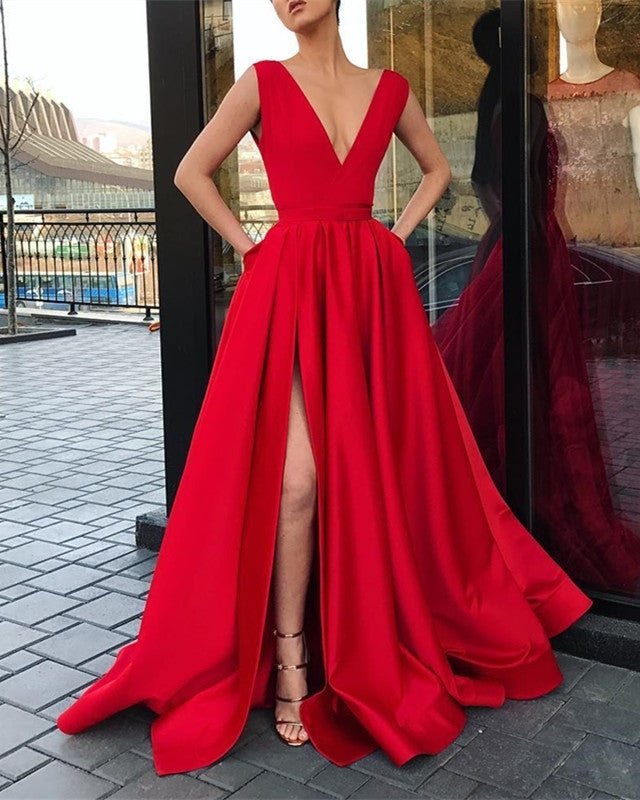 Plunge V-neck Long Satin Red Prom Dress Leg Split Evening Gowns