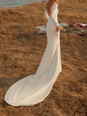 Mermaid / Trumpet Wedding Dresses Off Shoulder Court Train Chiffon Over Satin Long Sleeve Country Plus Size with Buttons