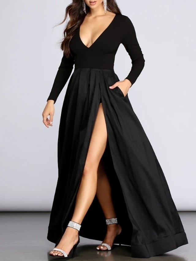 Ball Gown Elegant Prom Formal Evening Dress V Neck Long Sleeve Floor Length Spandex with Pleats Split