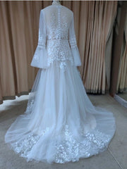 A-Line Wedding Dresses V Neck Sweep / Brush Train Lace Tulle Long Sleeve Beach Sexy Luxurious with Appliques