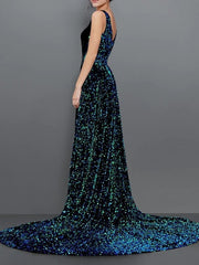 A-Line Sparkle Sexy Engagement Formal Evening Dress V Neck Sleeveless Chapel Train Sequined Velvet with Pleats Sequin