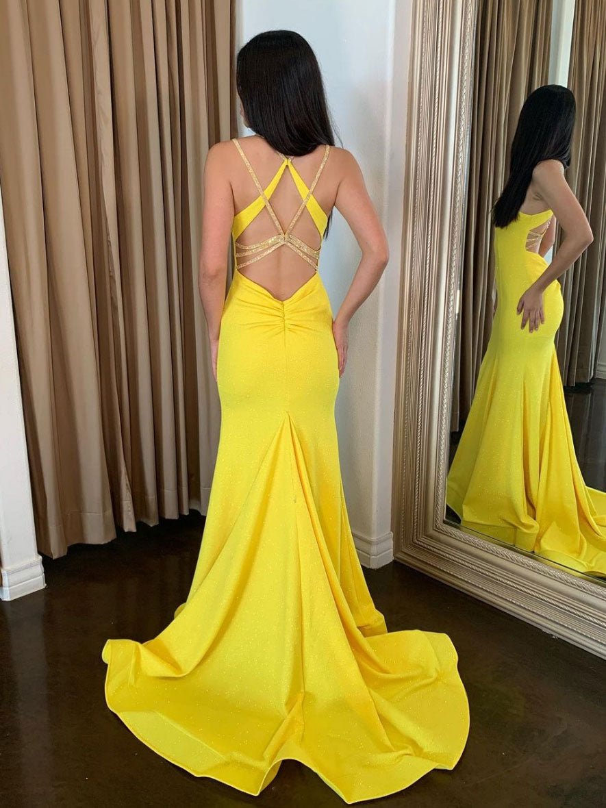 Simple yellow satin long prom dress, mermaid long evening dress