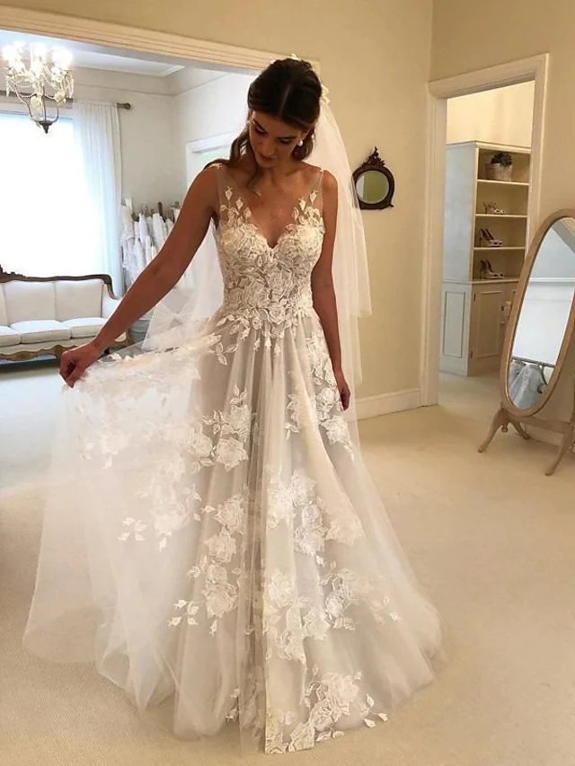 A-Line Wedding Dresses V Neck Court Train Lace Regular Straps Formal Casual Beach