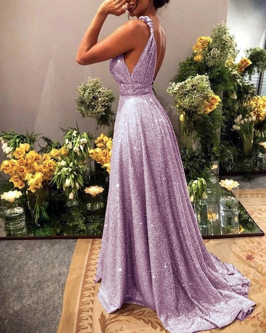 Long Gold Sparkly Prom Dresses V-neck