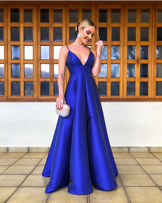 Long Satin Empire Evening Gowns V-neck Prom Dresses 2019