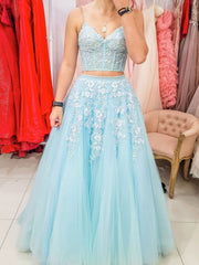 Blue tulle lace two pieces long prom dress, blue evening dress