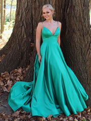 Simple v neck satin long prom dress green tulle formal dress