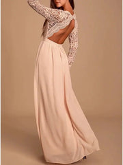 A-Line Plunging Neck Floor Length Chiffon / Lace Bridesmaid Dress with Lace / Pleats
