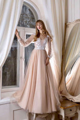 Champagne v neck tulle lace long prom dress tulle evening dress